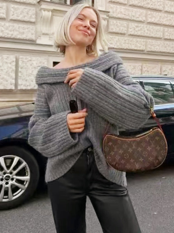 Pull tricoté ample à manches longues, nouveau style, col une ligne, pull sexy et décontracté