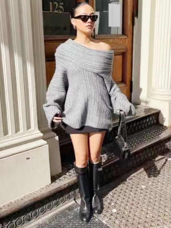 Pull tricoté ample à manches longues, nouveau style, col une ligne, pull sexy et décontracté