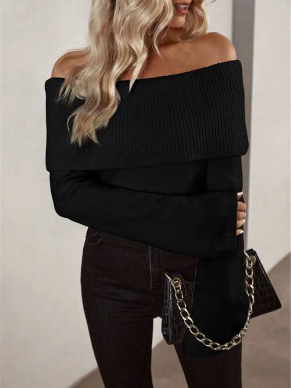 Pull tricoté à manches longues, col une ligne, slim, mode, sexy, nouveau style