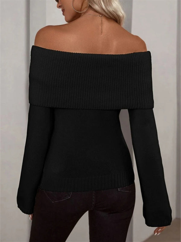 Pull tricoté à manches longues, col une ligne, slim, mode, sexy, nouveau style