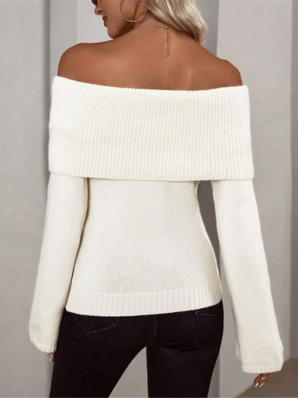 Pull tricoté à manches longues, col une ligne, slim, mode, sexy, nouveau style