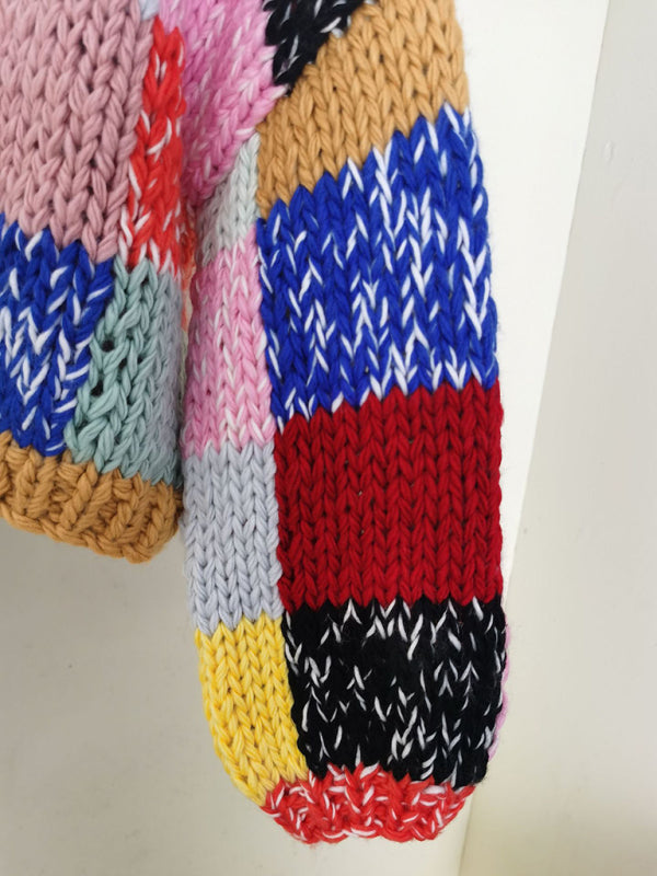 New retro contrast color rainbow plaid heavy handmade versatile cardigan sweater