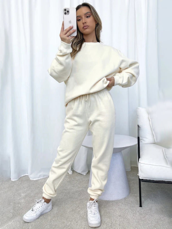 Damen Pullover mit Rundhalsausschnitt, einfarbig, modisch, lässig, mit Kragen, Langarm, Hose, Pullover-Anzug