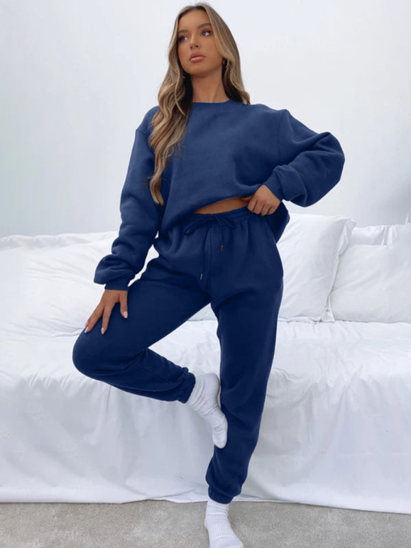 Damen Pullover mit Rundhalsausschnitt, einfarbig, modisch, lässig, mit Kragen, Langarm, Hose, Pullover-Anzug