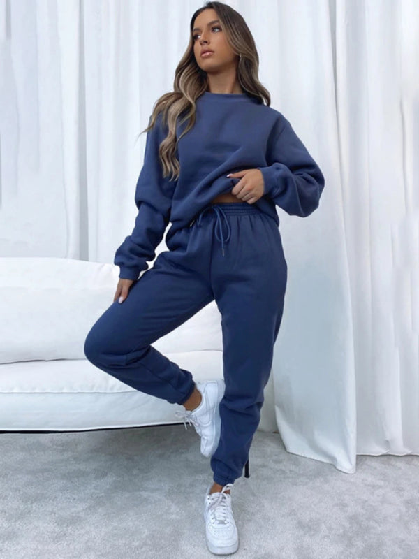 Damen Pullover mit Rundhalsausschnitt, einfarbig, modisch, lässig, mit Kragen, Langarm, Hose, Pullover-Anzug
