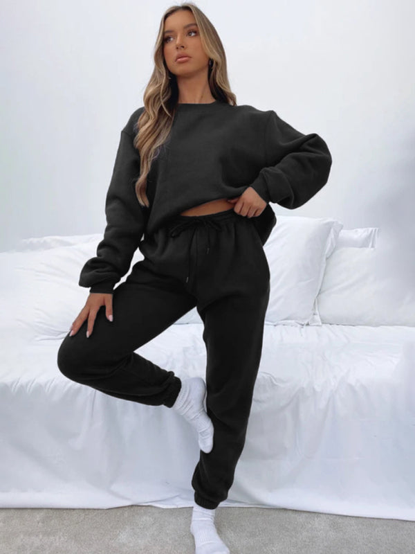 Damen Pullover mit Rundhalsausschnitt, einfarbig, modisch, lässig, mit Kragen, Langarm, Hose, Pullover-Anzug