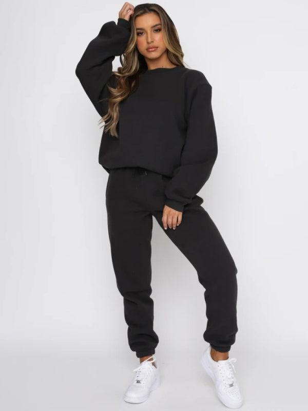 Damen Pullover mit Rundhalsausschnitt, einfarbig, modisch, lässig, mit Kragen, Langarm, Hose, Pullover-Anzug