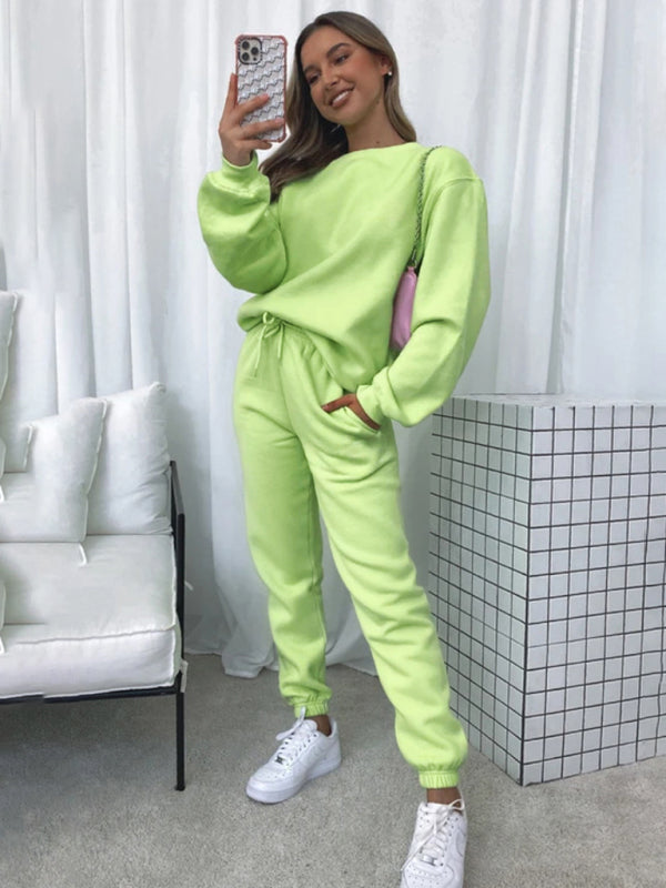 Damen Pullover mit Rundhalsausschnitt, einfarbig, modisch, lässig, mit Kragen, Langarm, Hose, Pullover-Anzug