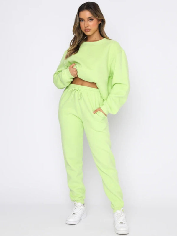 Damen Pullover mit Rundhalsausschnitt, einfarbig, modisch, lässig, mit Kragen, Langarm, Hose, Pullover-Anzug