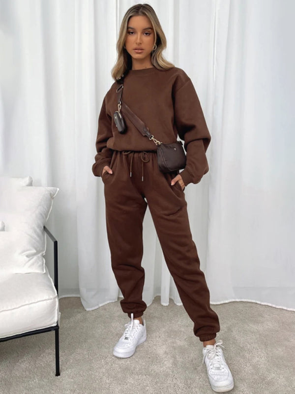 Damen Pullover mit Rundhalsausschnitt, einfarbig, modisch, lässig, mit Kragen, Langarm, Hose, Pullover-Anzug