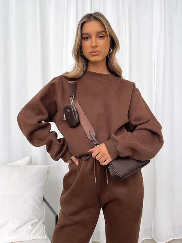 Damen Pullover mit Rundhalsausschnitt, einfarbig, modisch, lässig, mit Kragen, Langarm, Hose, Pullover-Anzug