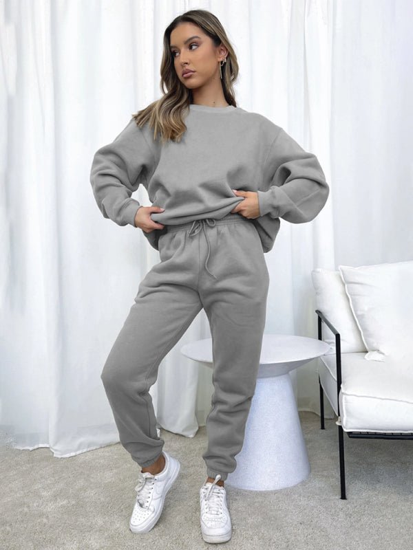 Damen Pullover mit Rundhalsausschnitt, einfarbig, modisch, lässig, mit Kragen, Langarm, Hose, Pullover-Anzug