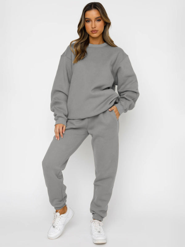 Damen Pullover mit Rundhalsausschnitt, einfarbig, modisch, lässig, mit Kragen, Langarm, Hose, Pullover-Anzug