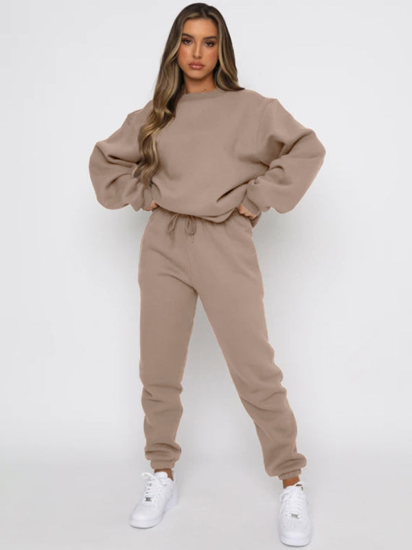 Damen Pullover mit Rundhalsausschnitt, einfarbig, modisch, lässig, mit Kragen, Langarm, Hose, Pullover-Anzug