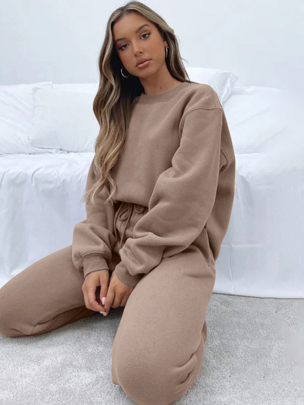 Damen Pullover mit Rundhalsausschnitt, einfarbig, modisch, lässig, mit Kragen, Langarm, Hose, Pullover-Anzug