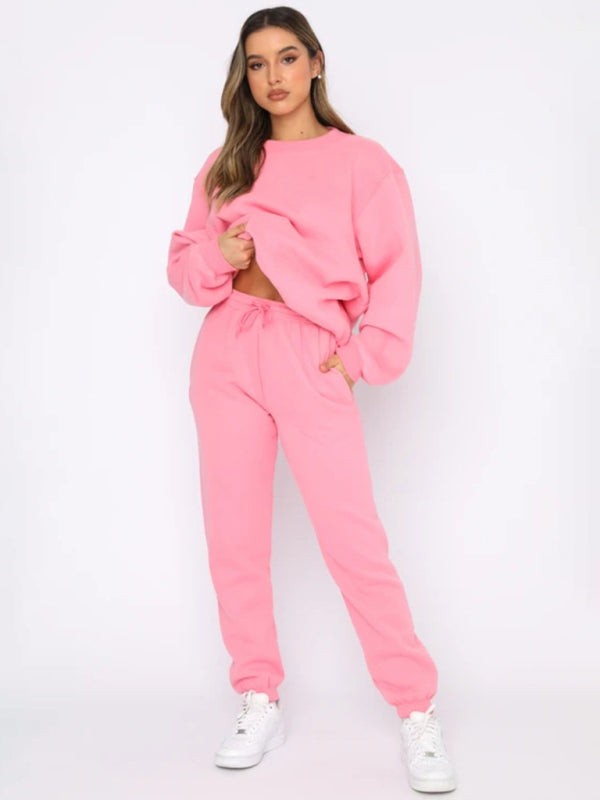 Damen Pullover mit Rundhalsausschnitt, einfarbig, modisch, lässig, mit Kragen, Langarm, Hose, Pullover-Anzug