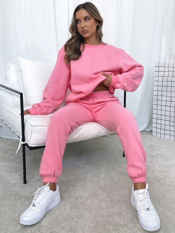 Damen Pullover mit Rundhalsausschnitt, einfarbig, modisch, lässig, mit Kragen, Langarm, Hose, Pullover-Anzug