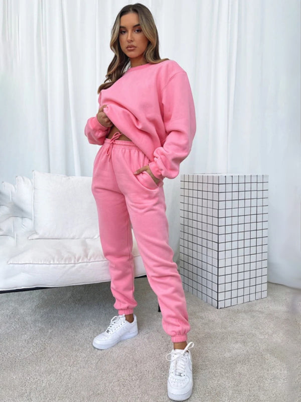 Damen Pullover mit Rundhalsausschnitt, einfarbig, modisch, lässig, mit Kragen, Langarm, Hose, Pullover-Anzug