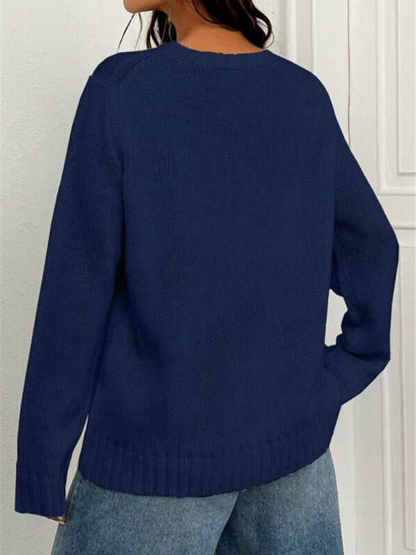 Nouveau pull tricoté simple et polyvalent à motif de drapeau à col rond ample