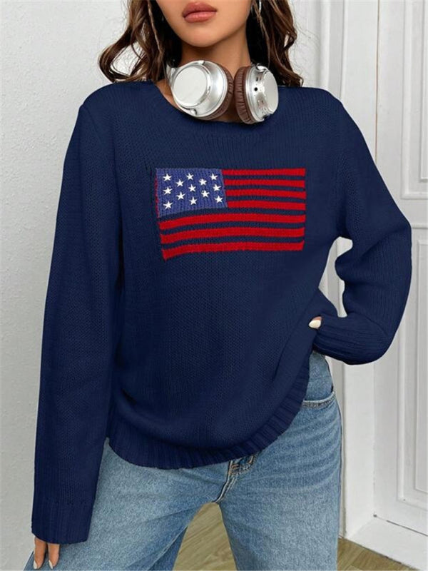 Nouveau pull tricoté simple et polyvalent à motif de drapeau à col rond ample