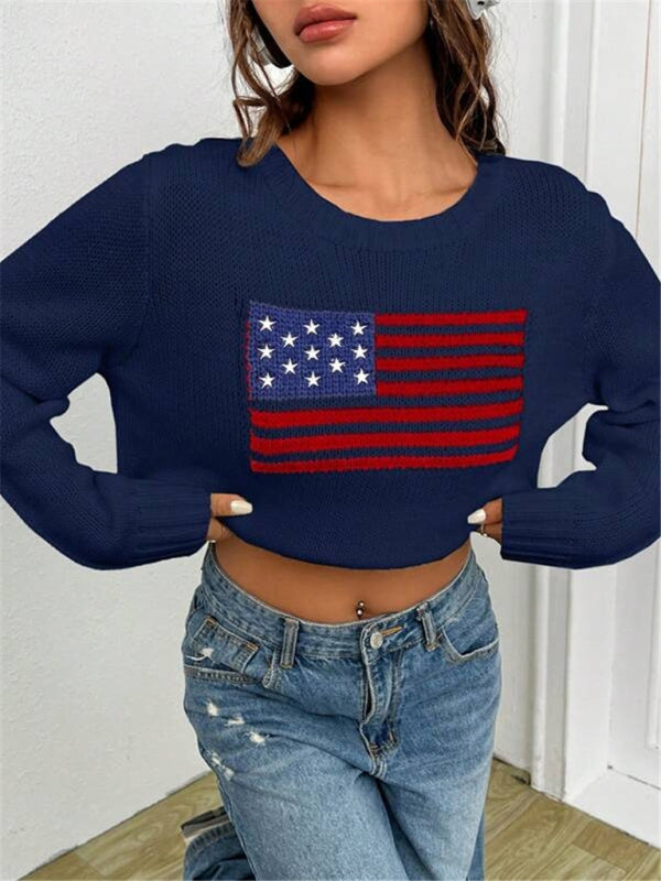 Nouveau pull tricoté simple et polyvalent à motif de drapeau à col rond ample