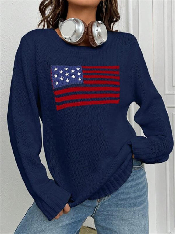 Nouveau pull tricoté simple et polyvalent à motif de drapeau à col rond ample