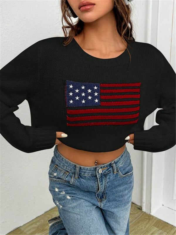 Nouveau pull tricoté simple et polyvalent à motif de drapeau à col rond ample