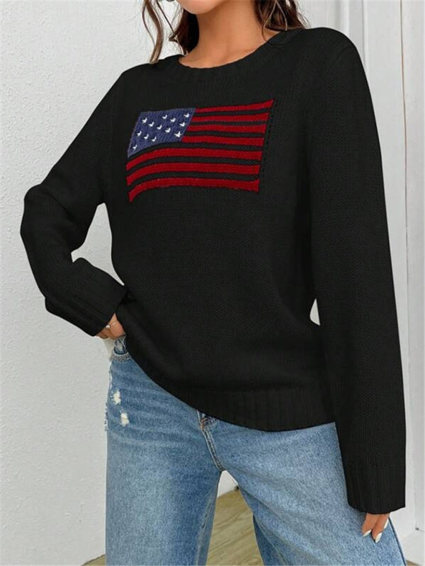 Nouveau pull tricoté simple et polyvalent à motif de drapeau à col rond ample