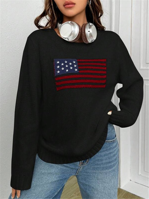 Nouveau pull tricoté simple et polyvalent à motif de drapeau à col rond ample