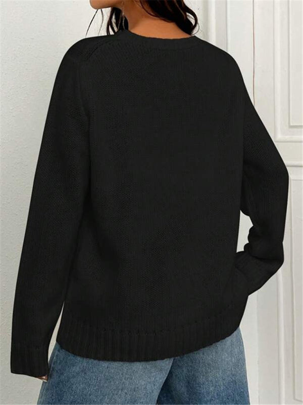 Nouveau pull tricoté simple et polyvalent à motif de drapeau à col rond ample