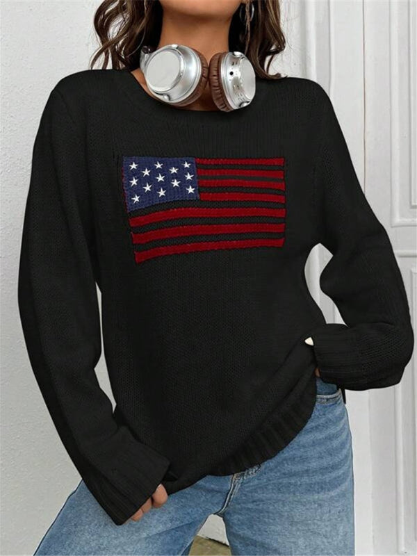 Nouveau pull tricoté simple et polyvalent à motif de drapeau à col rond ample