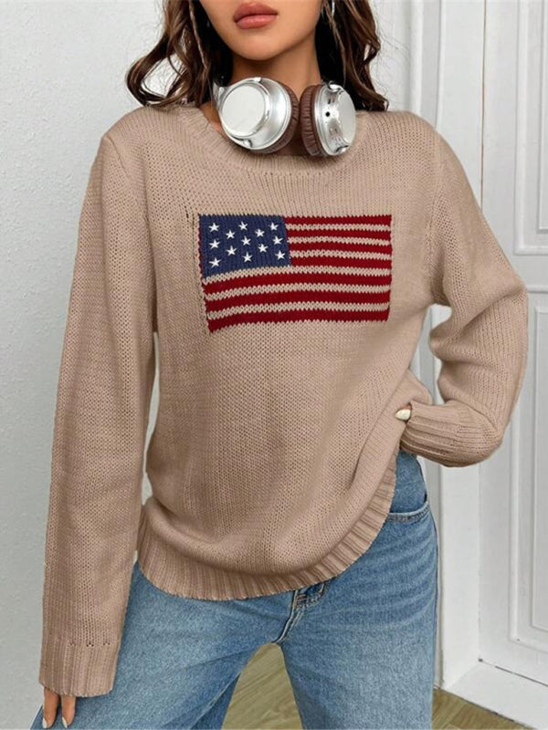 Nouveau pull tricoté simple et polyvalent à motif de drapeau à col rond ample