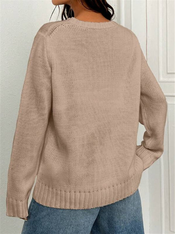 Nouveau pull tricoté simple et polyvalent à motif de drapeau à col rond ample