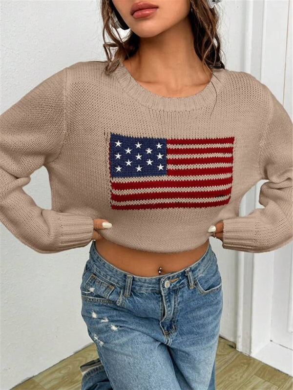 Nouveau pull tricoté simple et polyvalent à motif de drapeau à col rond ample
