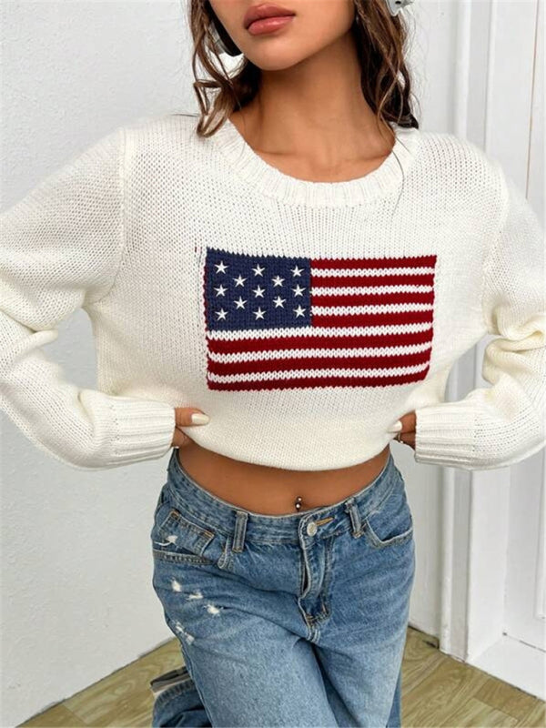 Nouveau pull tricoté simple et polyvalent à motif de drapeau à col rond ample