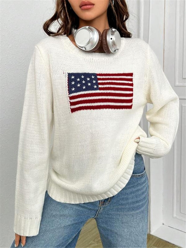 Nouveau pull tricoté simple et polyvalent à motif de drapeau à col rond ample