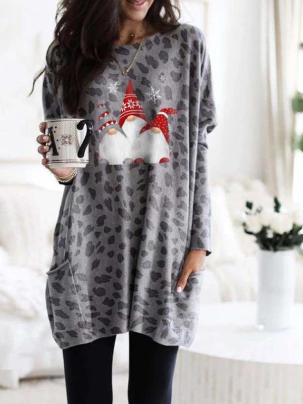 Neues langärmliges Kleid mit Leoparden-Weihnachtsdruck und Taschen
