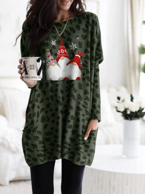 Neues langärmliges Kleid mit Leoparden-Weihnachtsdruck und Taschen