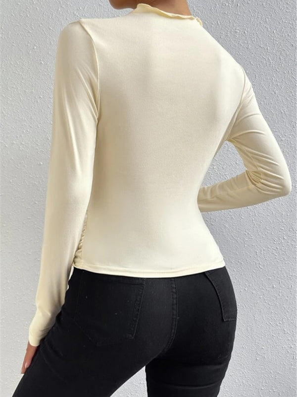 Einfarbiges, schmal geschnittenes, vielseitiges Langarm-T-Shirt mit Rüschendesign für Damen
