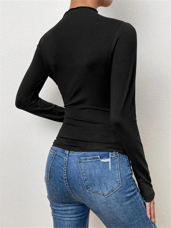 Einfarbiges, schmal geschnittenes, vielseitiges Langarm-T-Shirt mit Rüschendesign für Damen