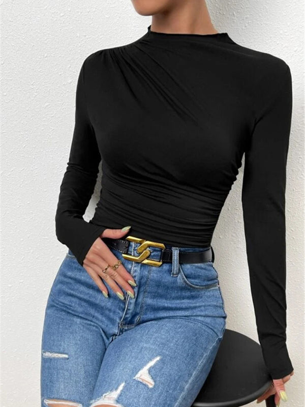 Einfarbiges, schmal geschnittenes, vielseitiges Langarm-T-Shirt mit Rüschendesign für Damen