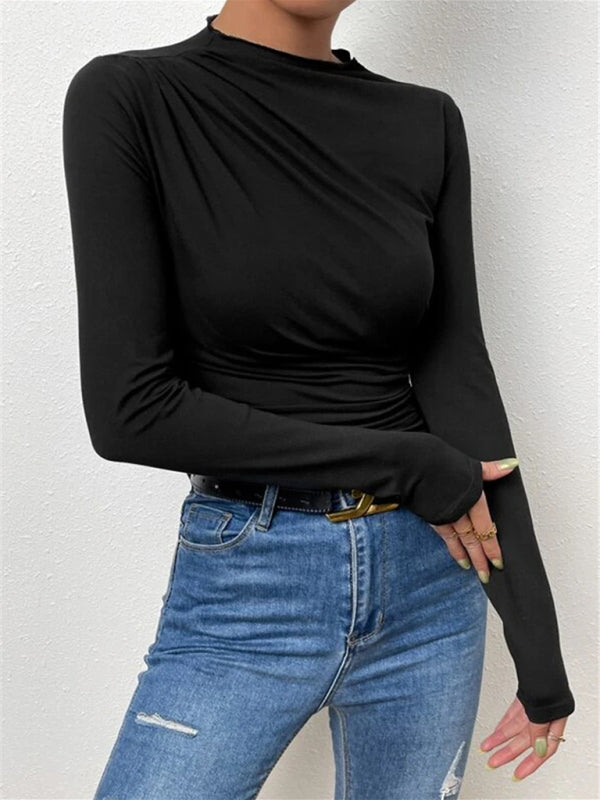 Einfarbiges, schmal geschnittenes, vielseitiges Langarm-T-Shirt mit Rüschendesign für Damen