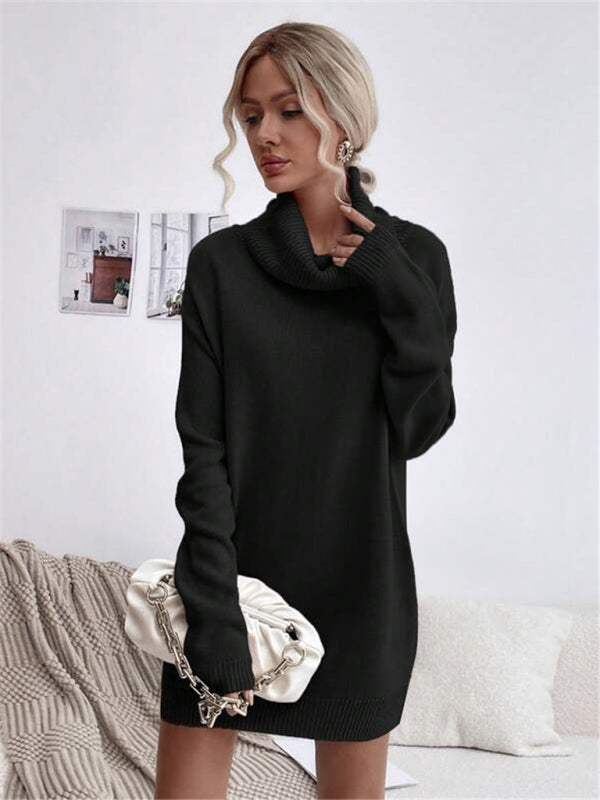Neues einfarbiges, lockeres Strickpulloverkleid mit Rollkragen für Damen