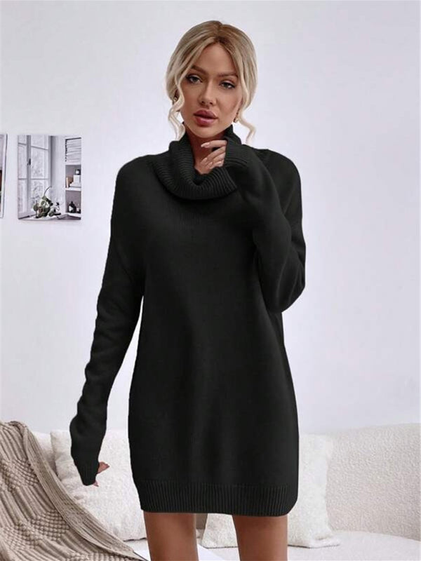 Neues einfarbiges, lockeres Strickpulloverkleid mit Rollkragen für Damen