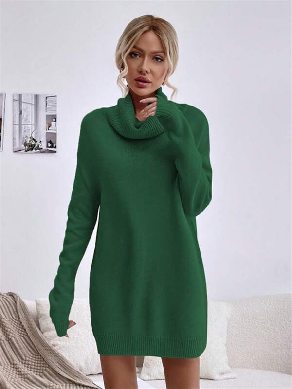 Neues einfarbiges, lockeres Strickpulloverkleid mit Rollkragen für Damen