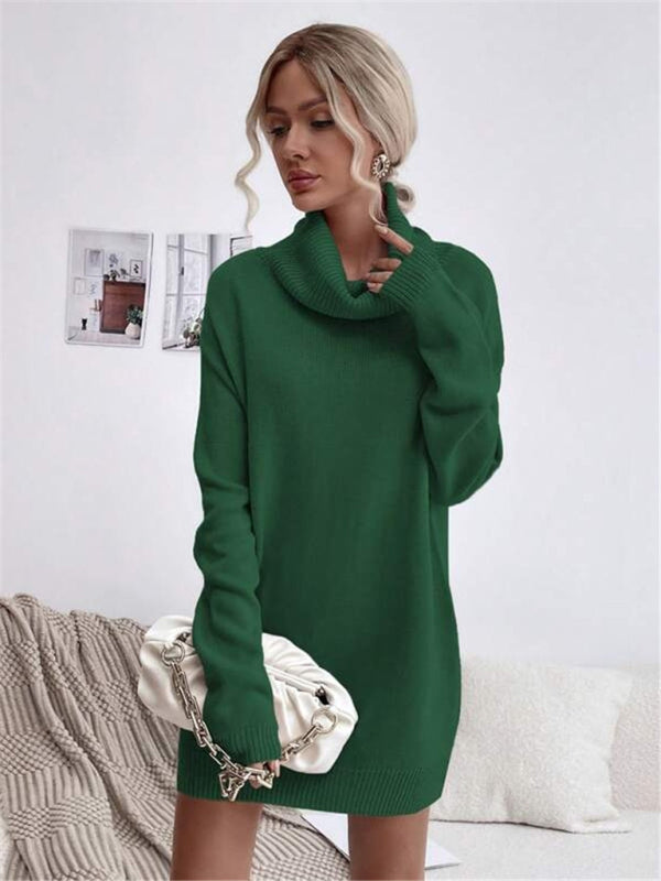 Neues einfarbiges, lockeres Strickpulloverkleid mit Rollkragen für Damen