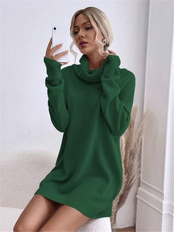 Neues einfarbiges, lockeres Strickpulloverkleid mit Rollkragen für Damen