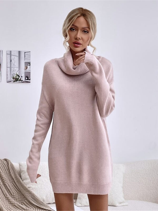 Neues einfarbiges, lockeres Strickpulloverkleid mit Rollkragen für Damen