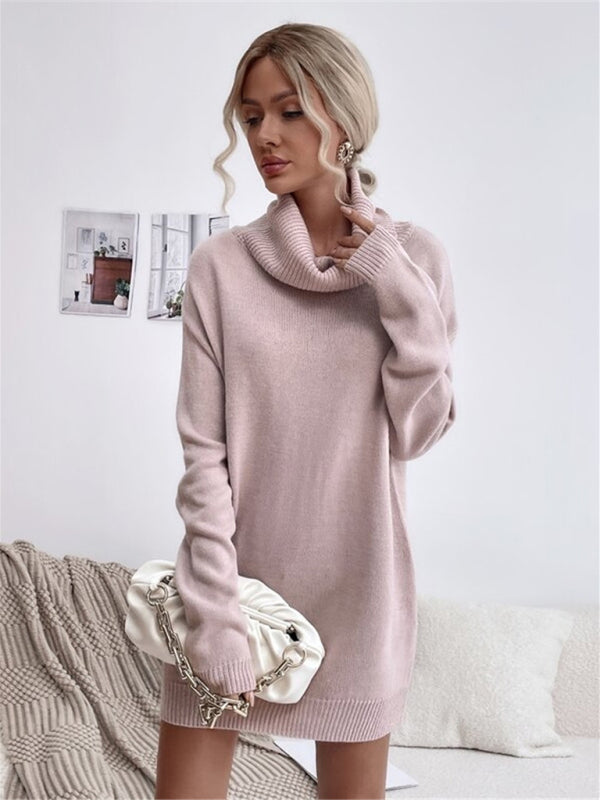 Neues einfarbiges, lockeres Strickpulloverkleid mit Rollkragen für Damen