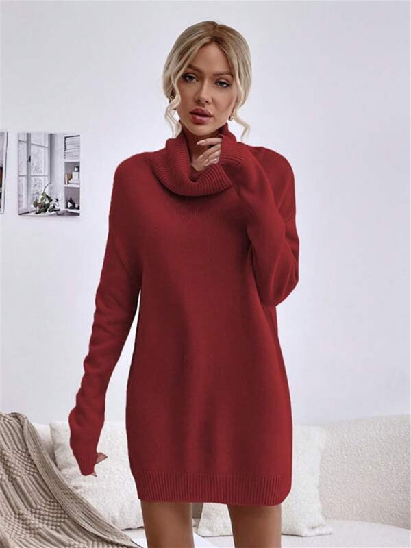 Neues einfarbiges, lockeres Strickpulloverkleid mit Rollkragen für Damen